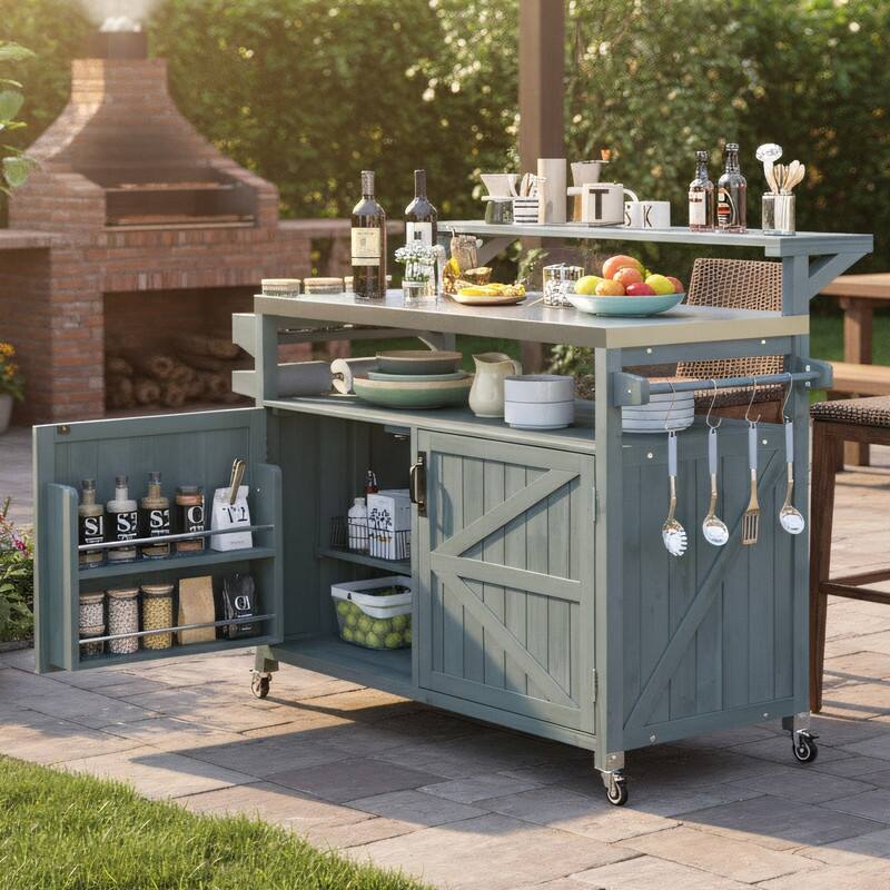 Outdoor Kitchen Island, Solid Wood Storage Cabinet with Stainless Steel Top and Lockable Wheels