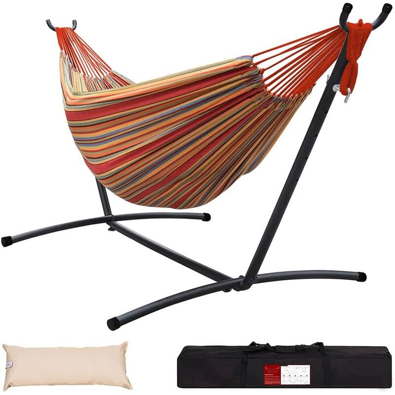 Double Cotton Hammock with Heavy Duty Steel Stand - Red&Yellow