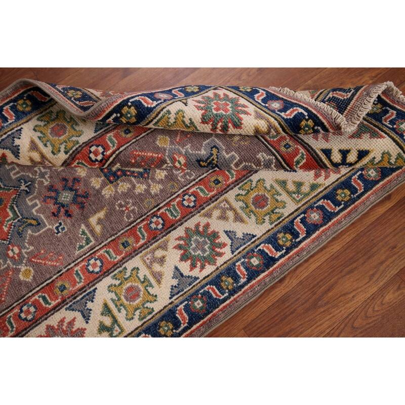 Geometric Brown Kazak Foyer Rug Hand-Knotted Wool Carpet - 2'9" x 4'1"