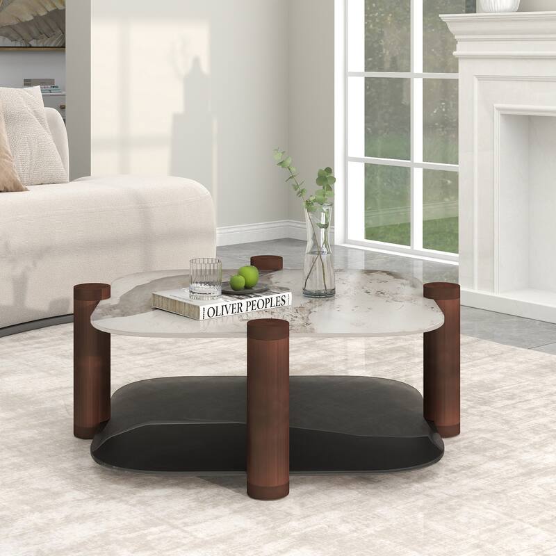 35 in. Square Tempered Glass and Stone Tabletop Modern Coffee Table with Steel legs