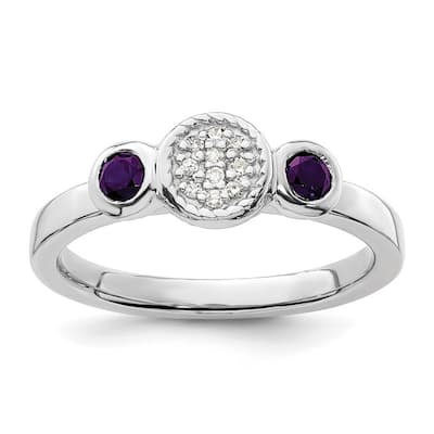 Curata 925 Sterling Silver Bezel Polished Prong set Stackable Expressions Db Round Amethyst and Dia. Ring