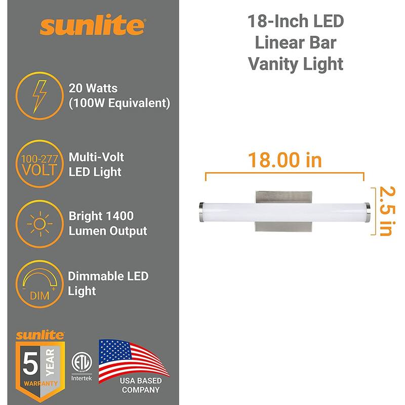 Sunlite 18 in. Brushed Nickel LED with Adjustable CCT 3000K 4000K 5000K Dimmable 1400 Lumen Linear Bar Vanity Light