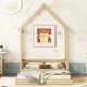 preview thumbnail 3 of 8, Natural Full Size Pine Wood Roof-framed Headboard Floor Bed with Headboard Guardrails, without Slats