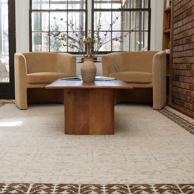 Adelaide Global Bordered Beige/ Brown Wool Blend Area Rug_