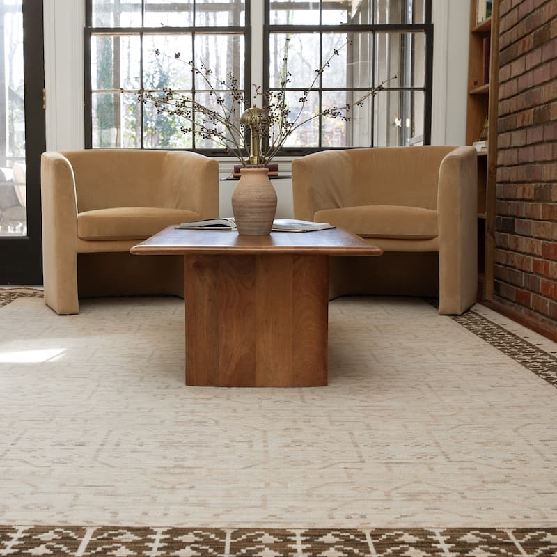 Adelaide Global Bordered Beige/ Brown Wool Blend Area Rug