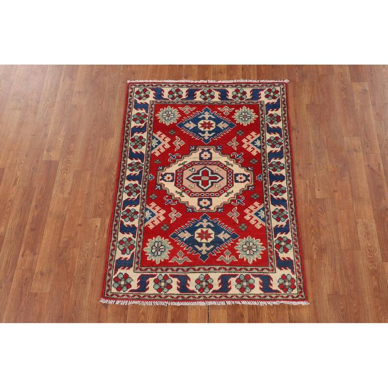 Oriental Kazak Accent Rug Hand-Knotted Geometric Red Wool Carpet - 2'10" x 3'11"