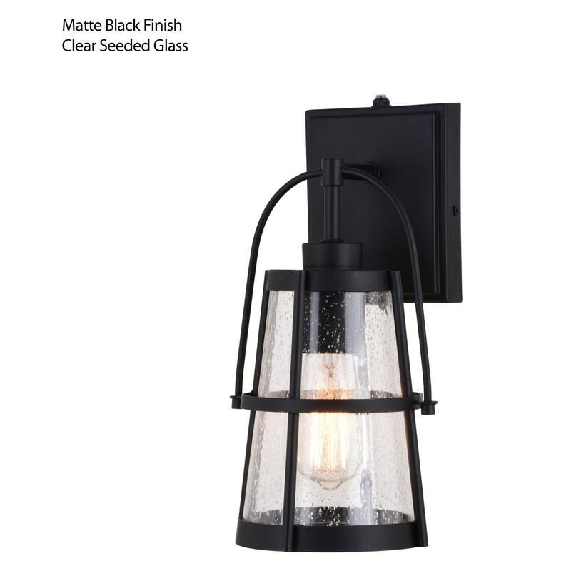 VAXCEL Portage Park 12.75 in. H 1-Light Matte Black Dusk to Dawn Sensor Outdoor Wall Sconce, Steel, Clear Seeded Glass Shade
