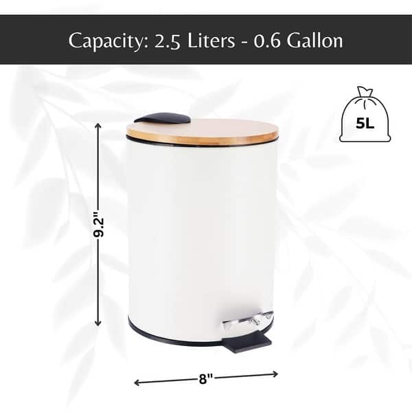 dimension image slide 4 of 9, Stylish Trash Can with Bamboo Lid and Pedal, 2.5L Capacity - 9.2" H x 8" L x 8" W
