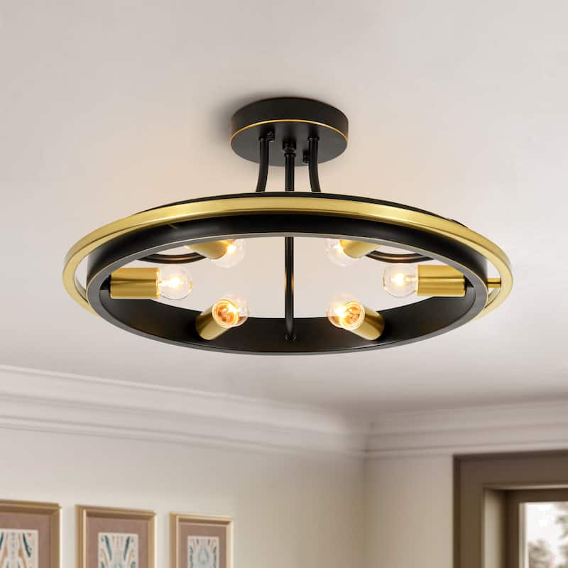 21.7" 6-Light Industrial Mette Black & Gold Wagon-Wheel Circle Ring Semi-Flush Mount Ceiling Light for Living Room, Kitchen - Black/Gold - 21.7 in. W x 9.3 in. H x 21.7 in. D