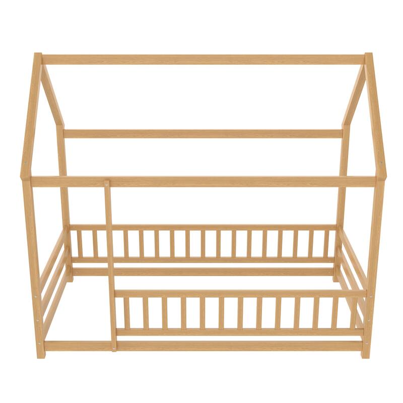 Twin Size Floor Wooden Bed with House Roof Frame, Fence Guardrails