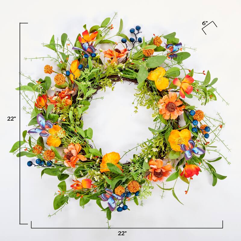 26" Artificial Spring Butterflies, Flowers and Berries Wreath on Natural Twig Base