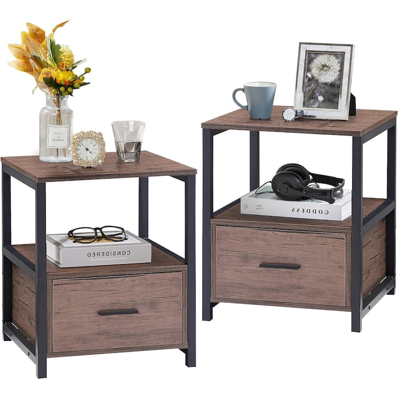 VECELO Nightstand Set of 2, Modern Square End Side Table, Night Stands with Drawer and Storage Shelf for Bedroom - Coffee