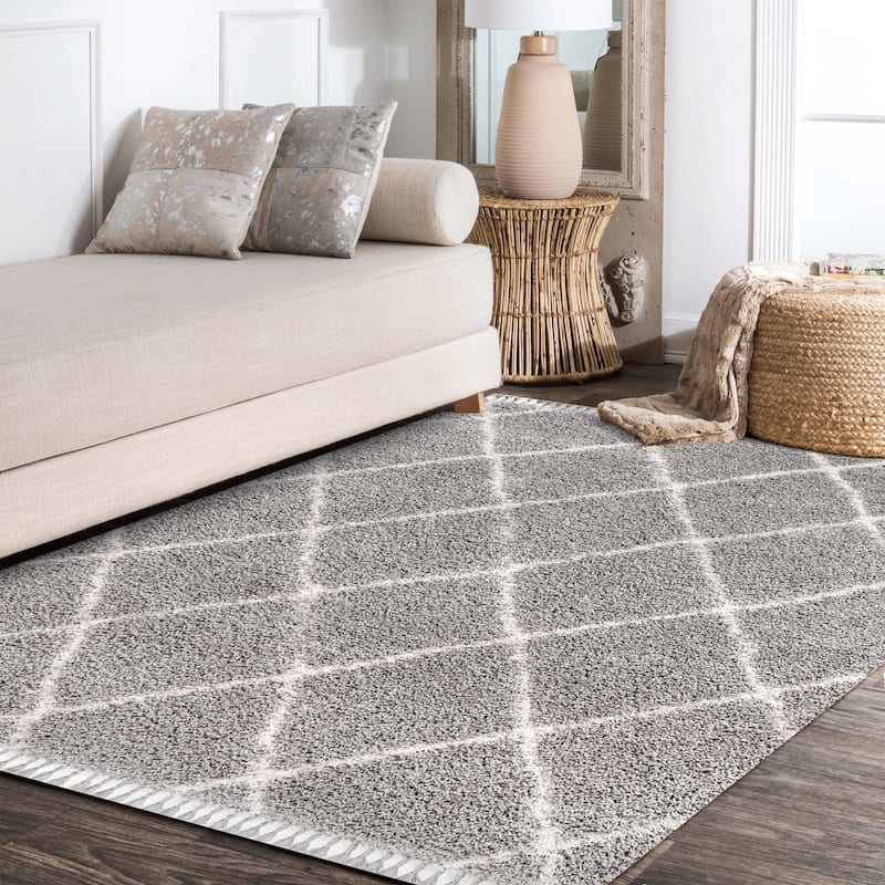 JONATHAN Y Modern Shag Plush Tassel Moroccan Geometric Trellis Area Rug