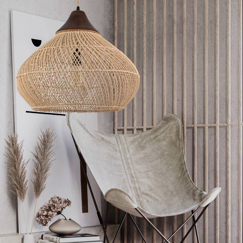 Zula Coastal Large Rattan Pendant Light in Brass Rustic Wood Accent Ceiling Light - 19.7
