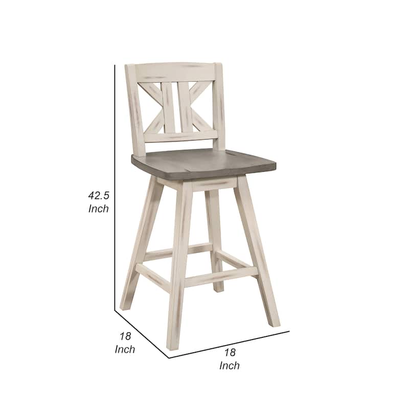 Ati 29 Inch Bar Height Stool Swivel Chairs Set of 2, Divided X Back, Gray, White
