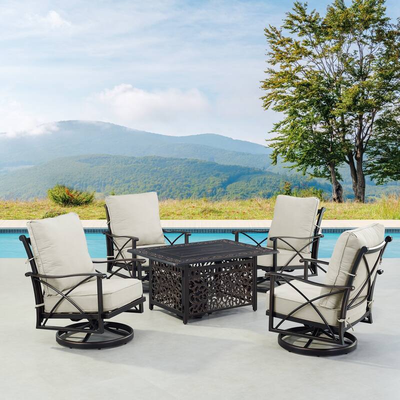 Black Aluminum Fire Table Set with Four Club Chairs