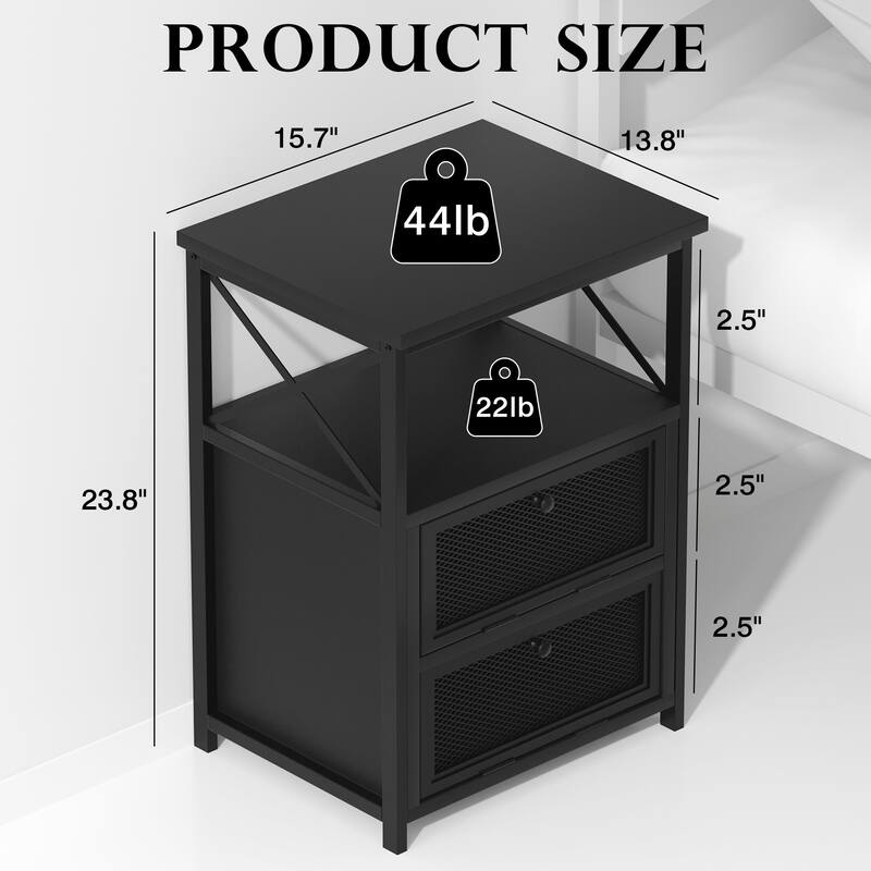 VECELO Modern End Table with 3-tier Storage Shelves, Nightstands with Charging Station(Nightstand Set of 2)
