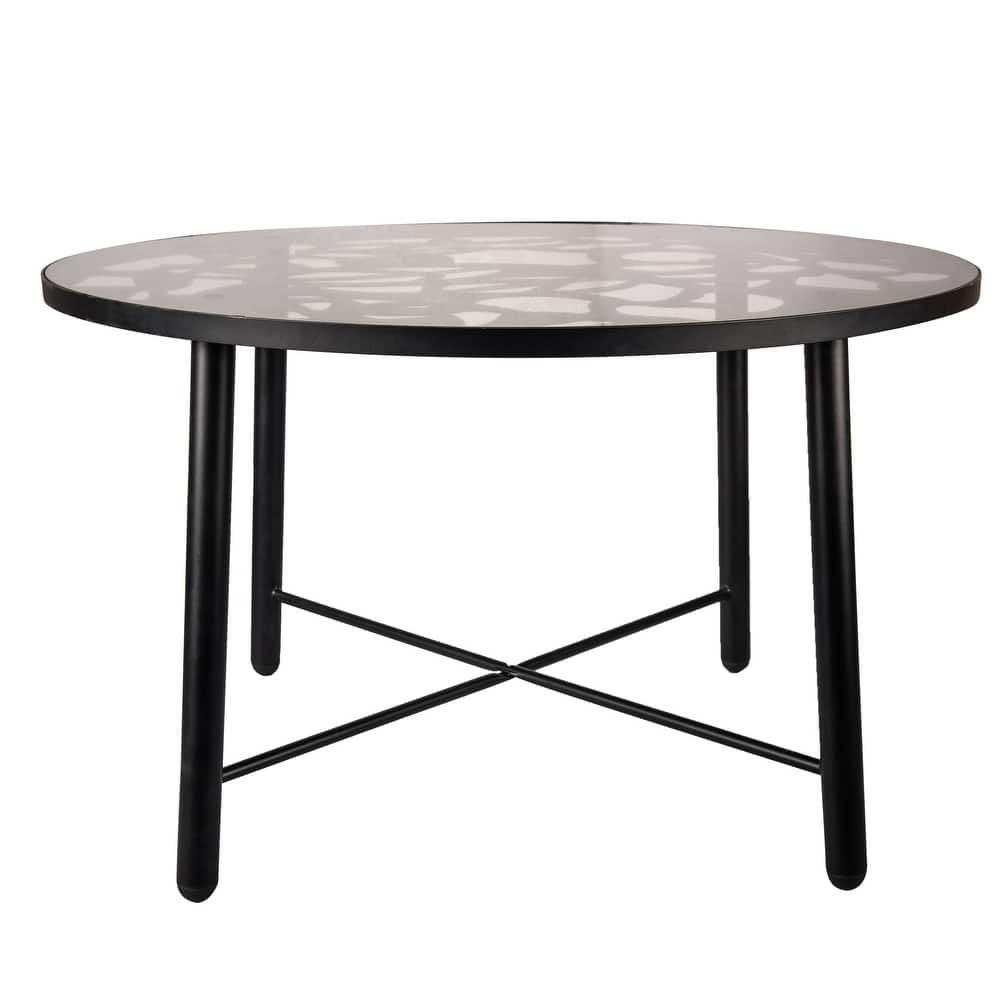 Devon Outdoor Round Aluminum Patio Dining Table with Floral Cutout Design, Tempered Glass Tabletop for Garden or Living Room