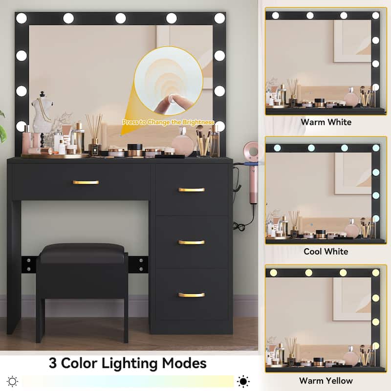 Black Vanity Desk Makeup Table Lighted Mirror Dressing - 35.4"L x 15.7"W x 53.5"H