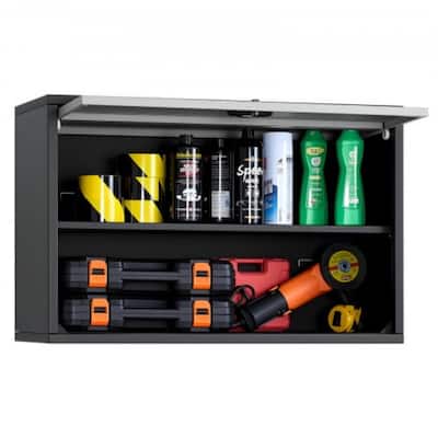 Black Wall Mounted Storage Cabinet for Garage Kitchen Workshop with Flip-Up Doors and Lock - 27.56” x 12.01” x 19.69”