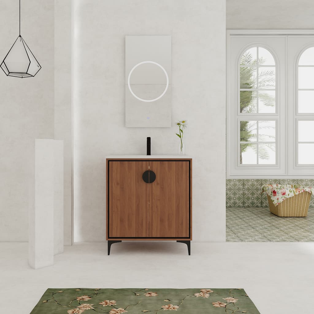 GDFStudio - Levistar Modern Freestanding Bathroom Vanity Cabinet with Ceramic Sink, Soft Close Doors & Metal Tripod - 30"