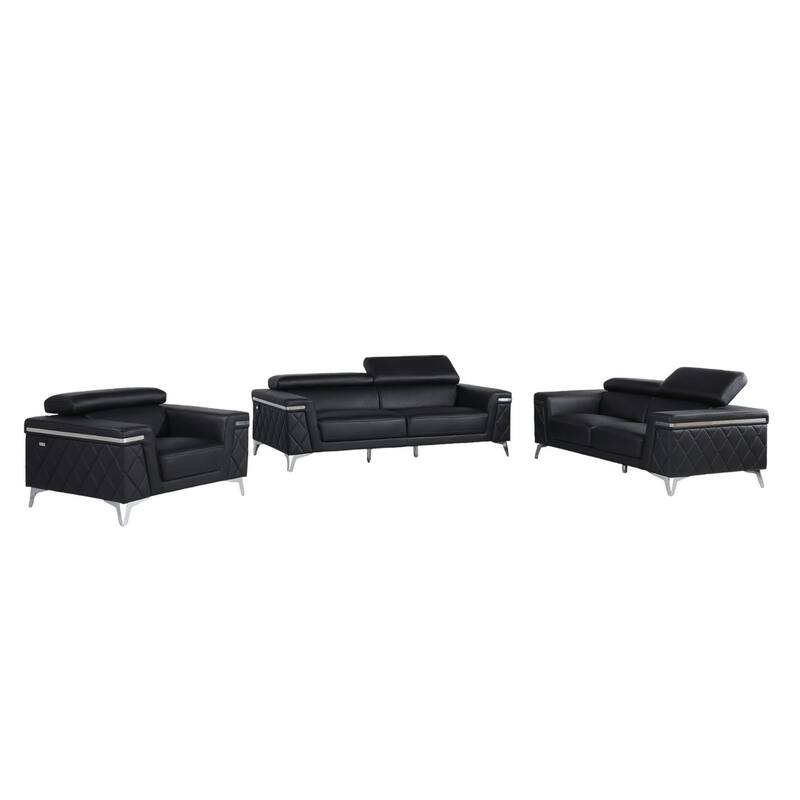 HomeRoots Three Piece Black Italian Leather Five Person Seating Set