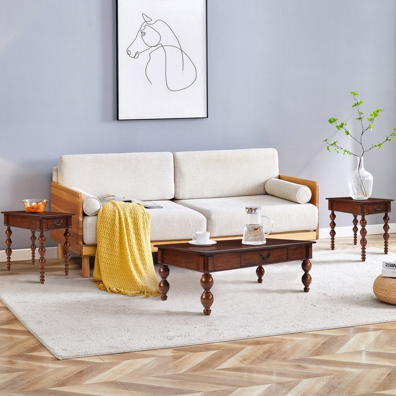 Retro 3-Piece Solid Wood Coffee Table Set with Storage Drawer, Vintage Design for Living Room and Office Decor - Walnut