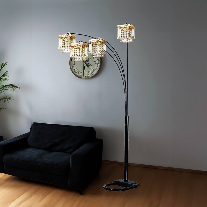 Crystal Inspired Arch Floor Lamp with 4 Square Shades Adjustable Arms - Gold+Black