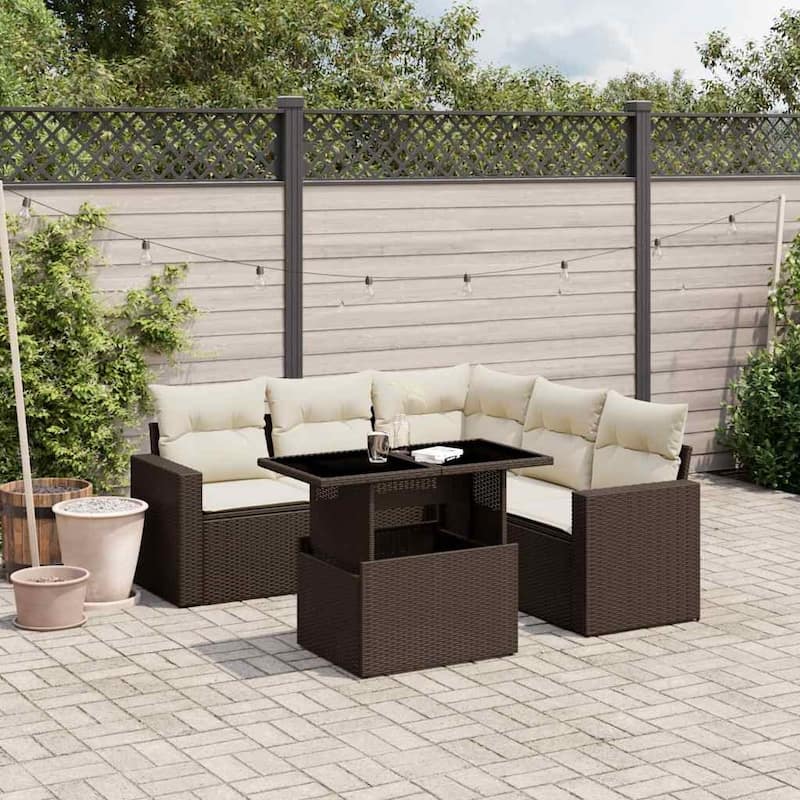 vidaXL Patio Sofa Set with Cushions Outdoor Furniture 6 Piece Poly Rattan - 21.7 x 39.4 x 28.7 - Brown and Cream