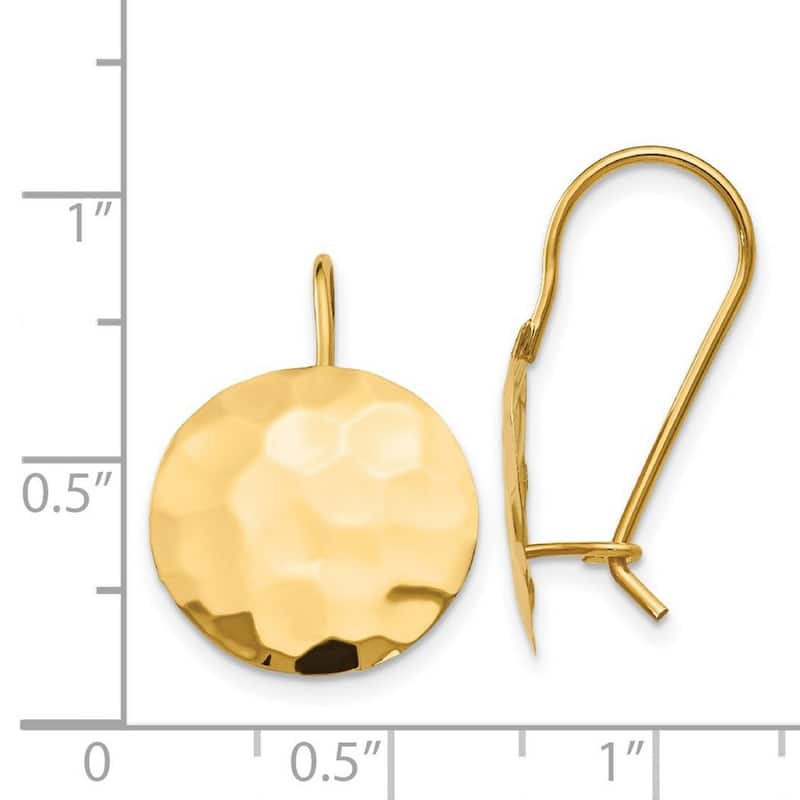 Curata 14k Yellow Gold Polished Kidney wire Hammered Circle Disc Frenchwire Earrings - 21x14mm