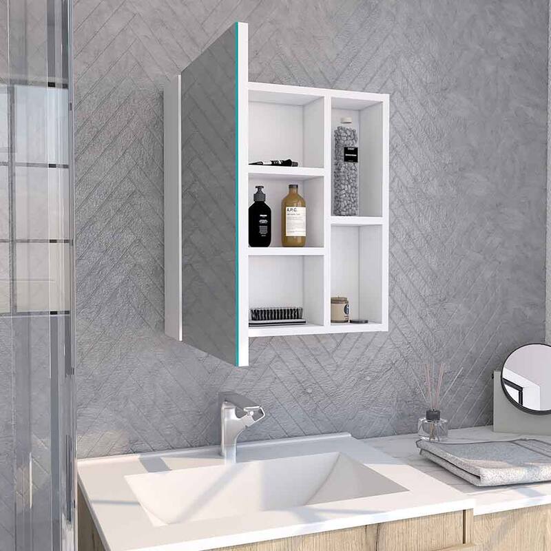 Medicine Cabinet with Mirror and 5 Interior Shelves, Single Door, 19" H - Wall-Mounted Bathroom Storage