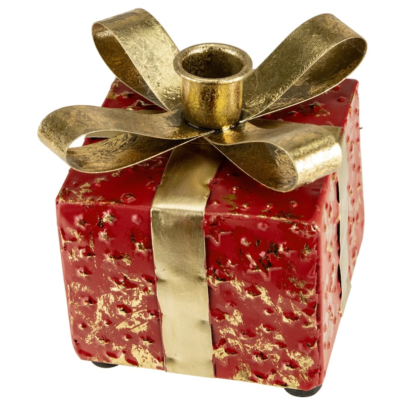 4.5" Metal Gift Box Christmas Taper Candle Holder