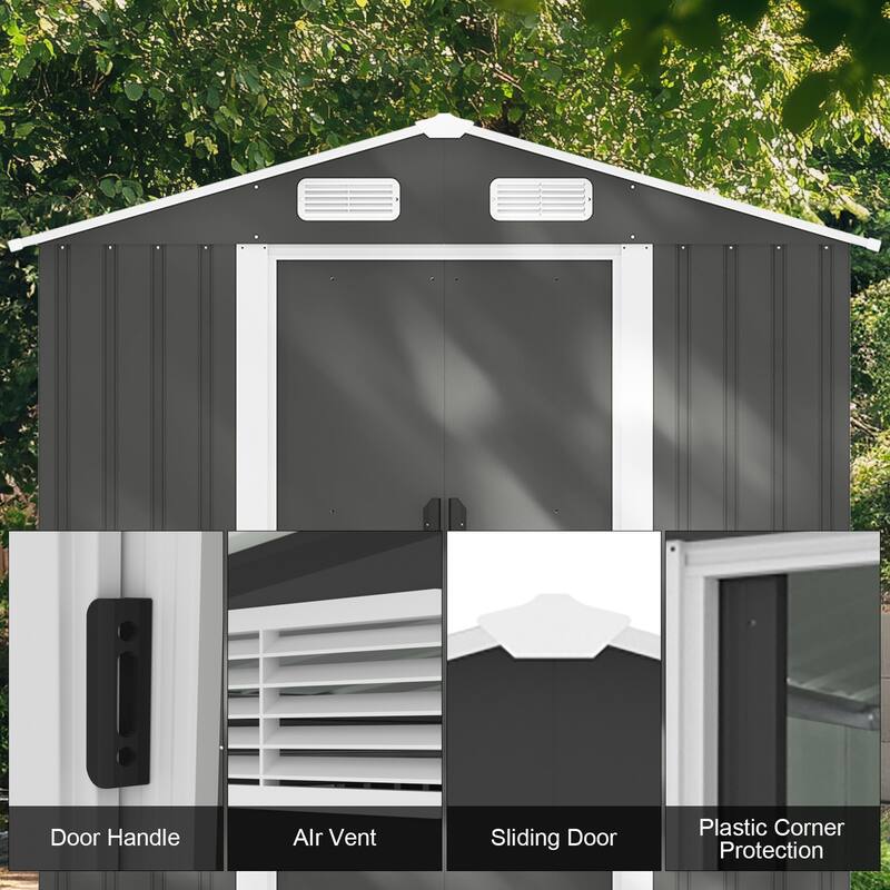 Large Outdoor Storage Shed Galvanized Iron Black with Slanted Roof and Double Sliding Doors - 77.36” x 51.57” x 73.82”