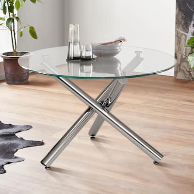 43.3" Round Tempered Glass Top Chrome Dining Table - Silver
