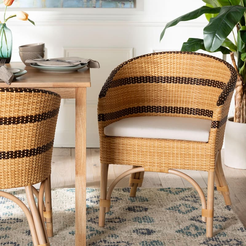 Elma Rattan Dining Chair with Cushion - Barrel-Back Accent Chair with Synthetic and Natural Rattan, Boho Coastal Style