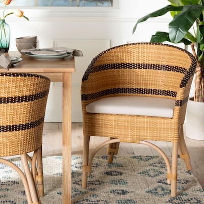 Elma Rattan Dining Chair with Cushion - Barrel-Back Accent Chair with Synthetic and Natural Rattan, Boho Coastal Style