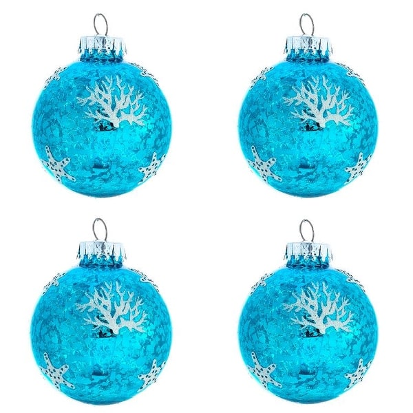 Shop Blue And White Coral And Starfish Sea Design Ball Ornaments Set Of 4 Glass Overstock