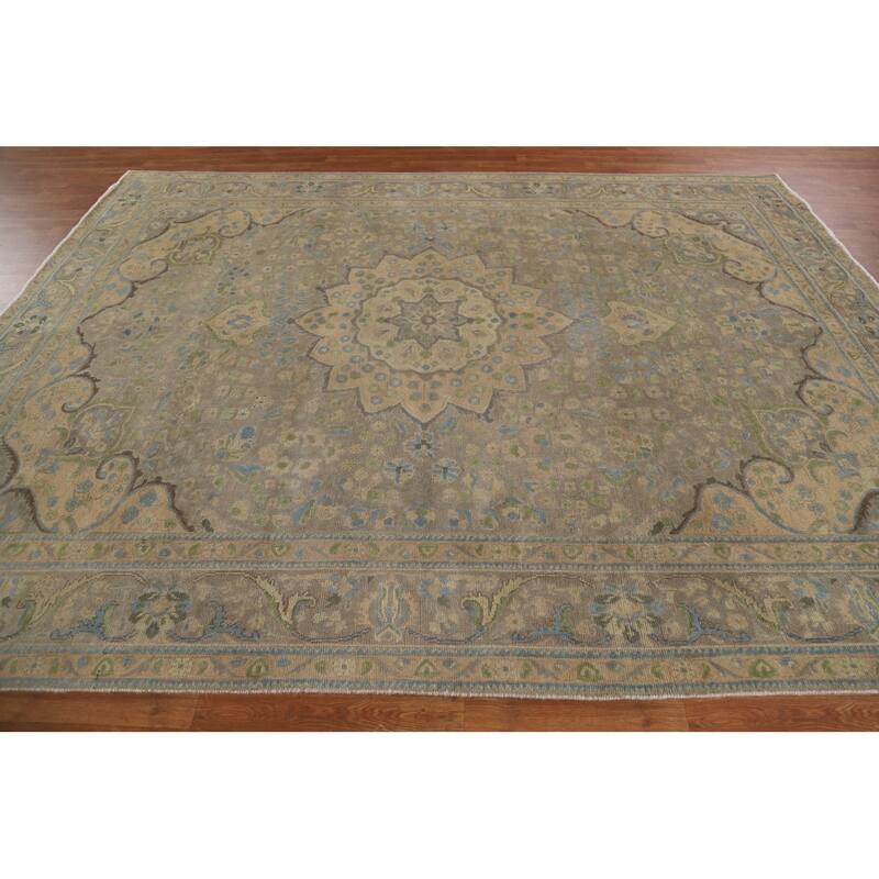 Hand Knotted Oriental 100% Wool Carpet Traditional Medallion Greys & Charcoal Tabriz Area Rug - 10' 11'' X 8' 5''