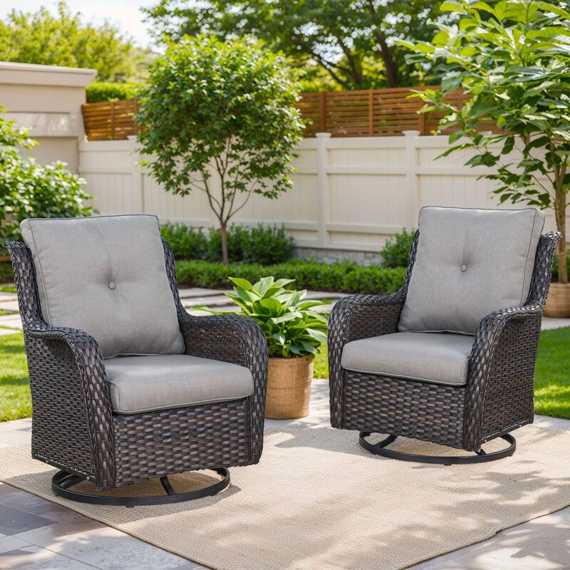 779657388297 Outdoor Swivel Glider Chairs with 4Inch 5Inch 6Inch Cushion - Brown Wicker Grey Cushion - 2 Pieces Swivel Chair with 4 Inch Cushion