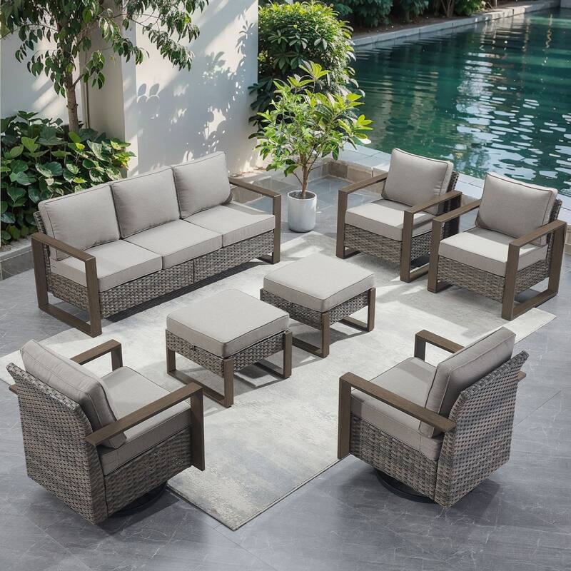 Pocassy 7 Pieces Outoor Patio Sofa Swivel Chair Ottoman Set - Gray cushion - Gray Wicker