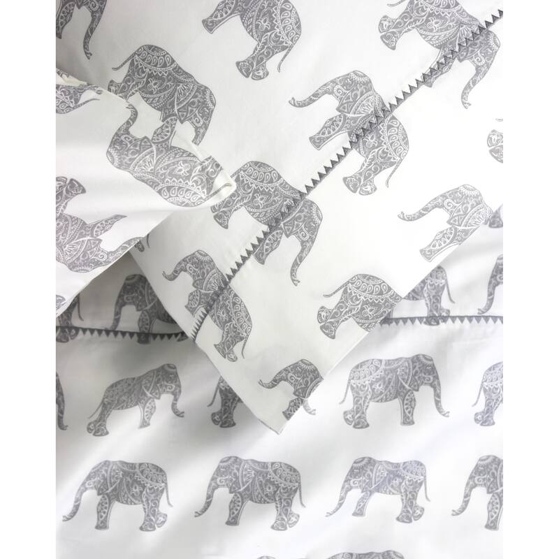 400 Thread Count Elephants Embroidered Sheet Set - 4 Color - Grey - King