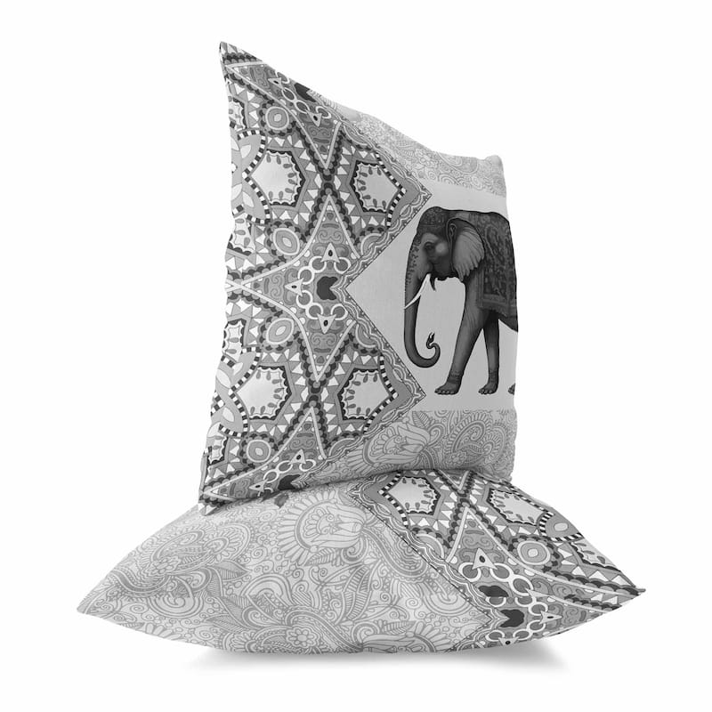 Grey And Black Floraphant Faux Suede Throw Pillow Zipper