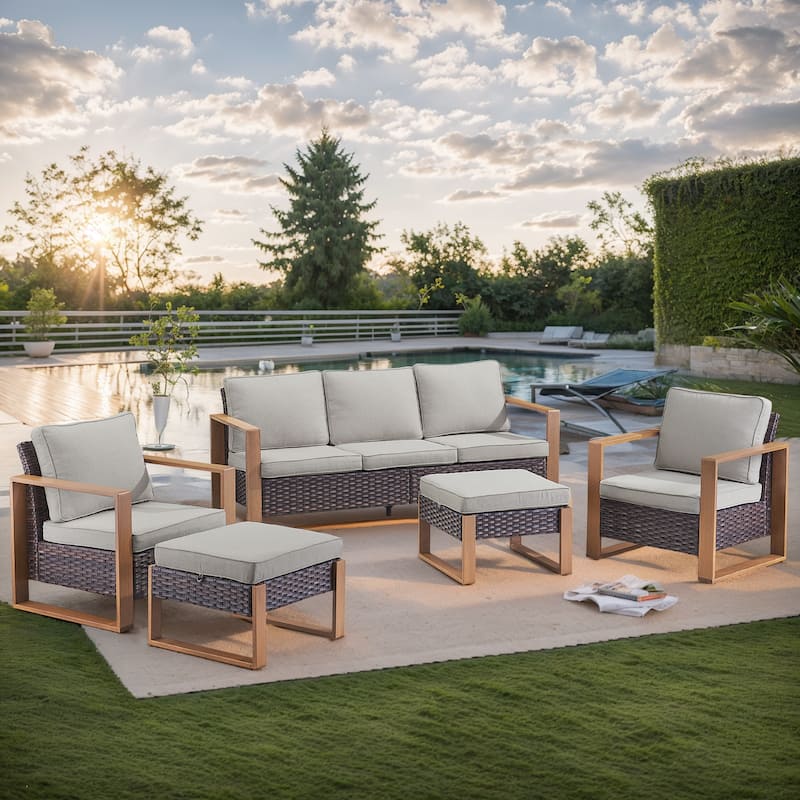 Gymojoy All Weather Wicker Chair with 3-Seat Sofa Ottoman - Brown - Brown - Grey