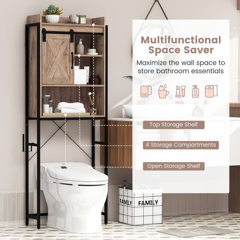 4-Tier Over Toilet Storage Cabinet with Adjustable Shelves and Sliding Door for Bathroom Organization - 25"W x 9.5"D x 67.5"H