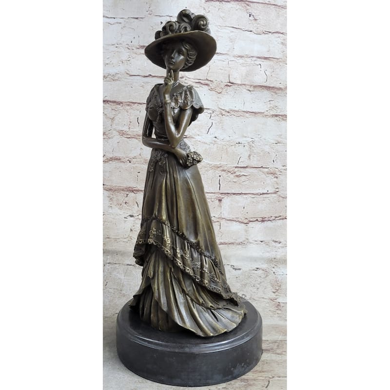 Young Woman In Victorian Fashion Hat Bronze Metal Figure Statue Sculpture Decor