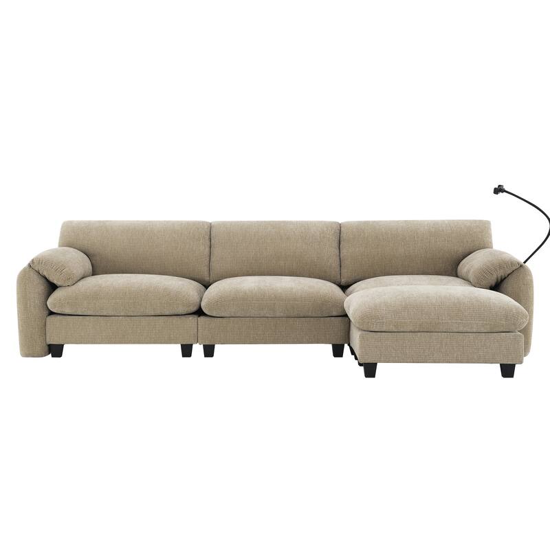 L-Shaped Modular Sectional Sofa with Ottoman, Chenille Upholstered Sofa with Charger Ports, Phone Holder & Storage Pockets