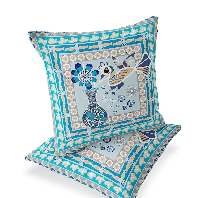 HomeRoots Set of Two 16" X 16" Blue and Gold Peacock Blown Seam Floral Indoor Outdoor Throw Pillow - 16.00' X '16.00' X '5.00