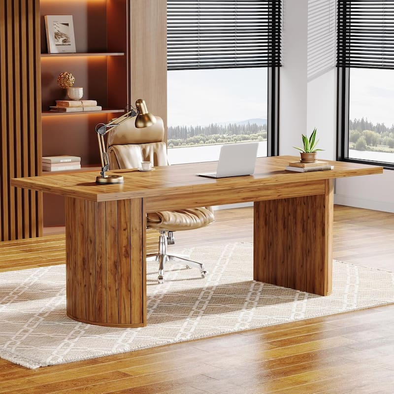 Brown Wood 78.7 Inches Long Computer Desk Large Executive Desk - Light Brown