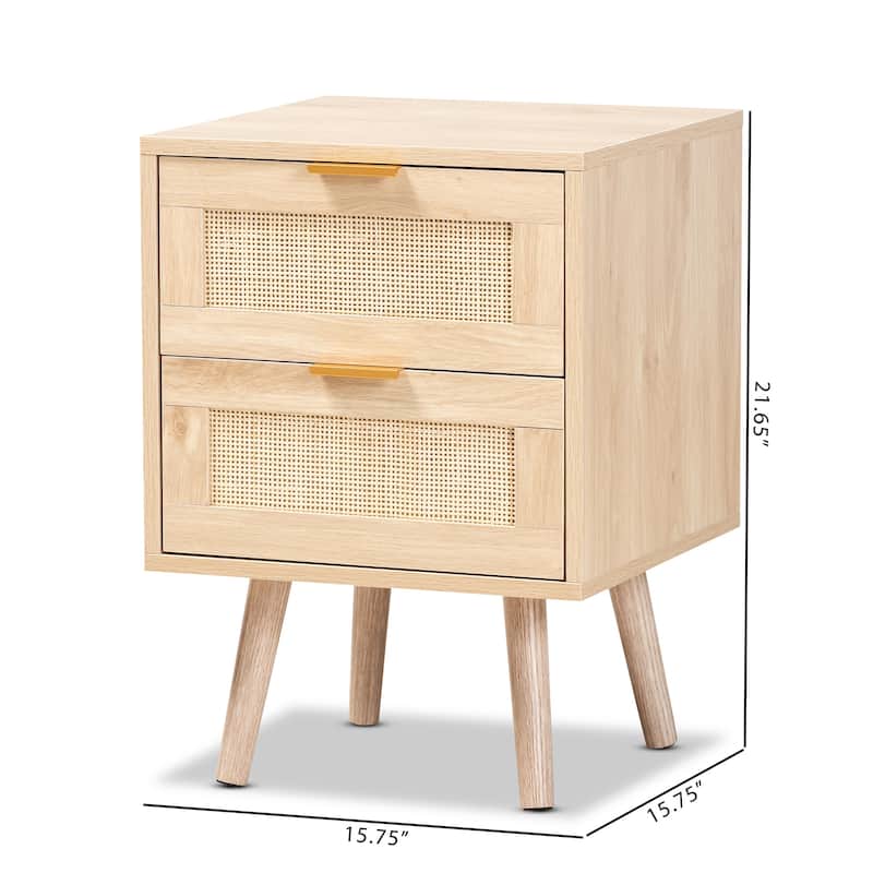 Baxton Studio Baird Mid-Century Modern Light Oak Brown Finished Wood and Rattan 2-Drawer End Table