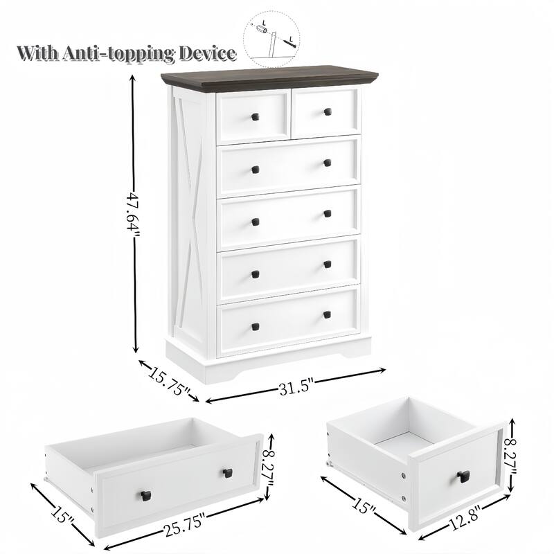 Farmhouse Style Dresser Tall Drawer Storage Organizer with 6 Drawers, for Bedroom Living Room and Hallway